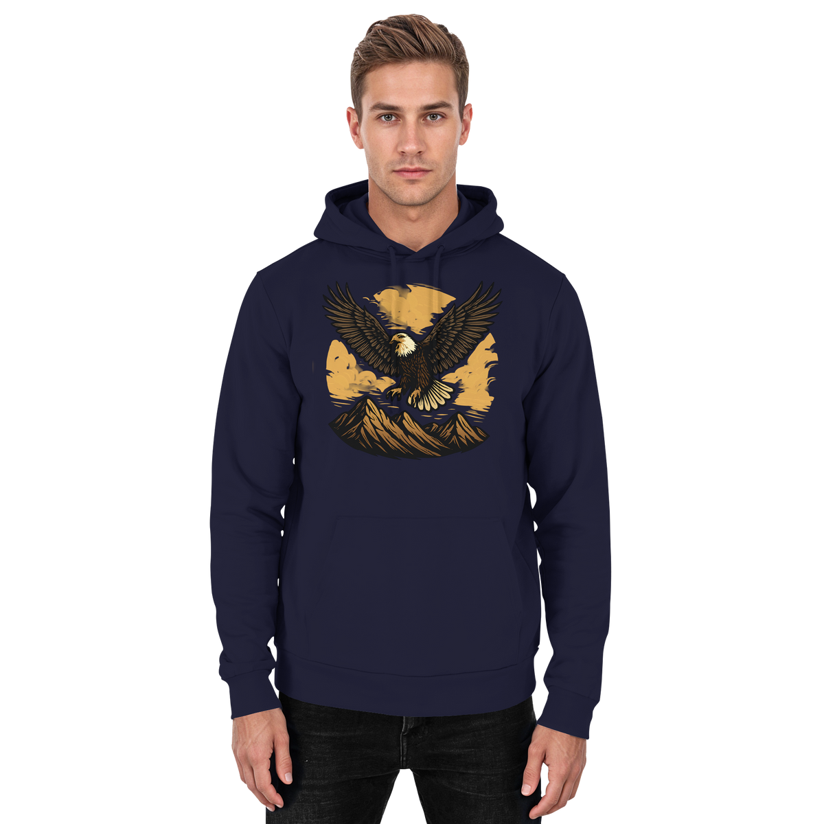 Front view of Arvenzo Iron Wing hoodie in navy, featuring a minimalist design and comfortable unisex fit.