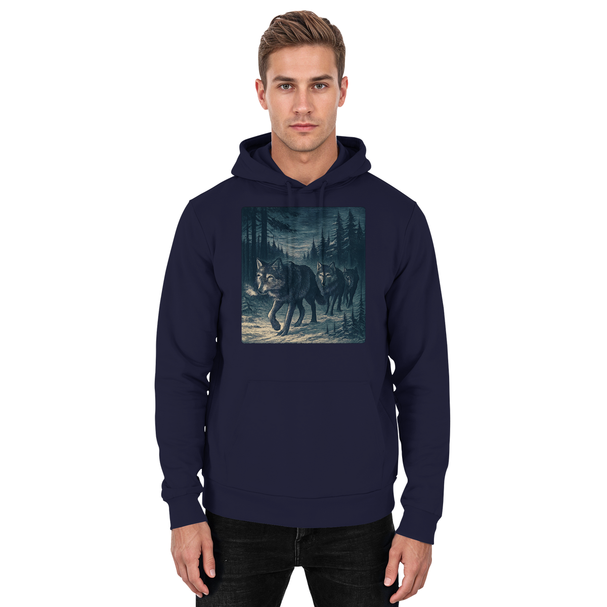 Front view of Arvenzo Pack North unisex hoodie in navy blue with a basic design and adjustable drawstrings.