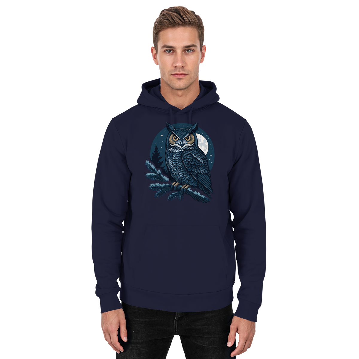 Front view of Arvenzo Night Watch hoodie in navy oxford, unisex design with a classic hood and front pocket.