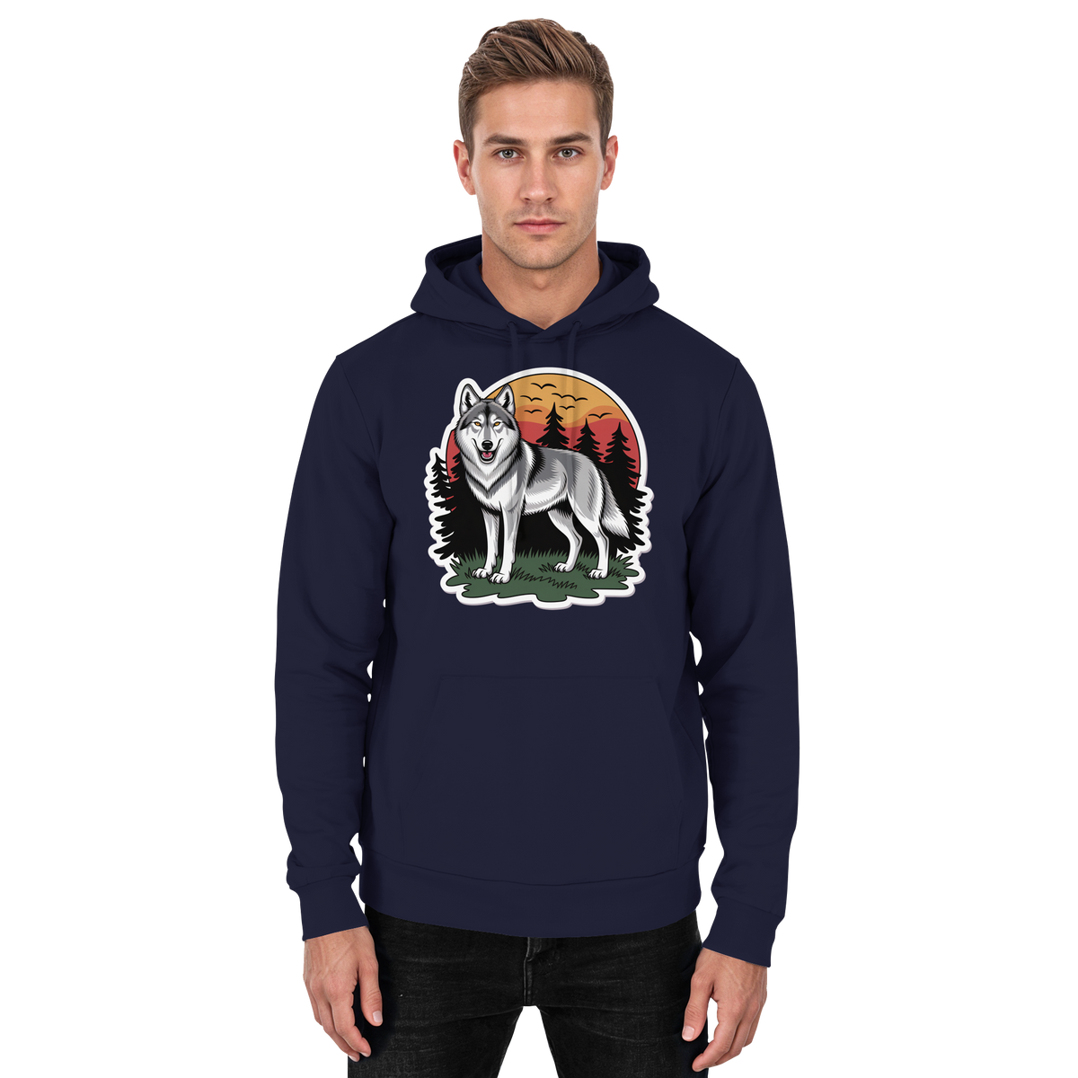 Front view of Arvenzo Lone Dusk unisex hoodie in navy with a simple design and a comfortable fit.