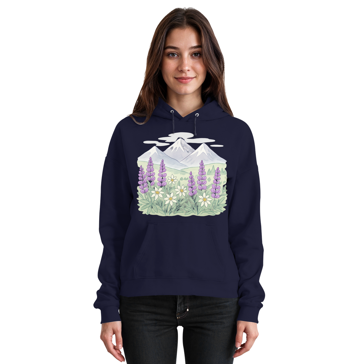 Front view of Arvenzo Alpine Bloom unisex hoodie in navy with a simple design, featuring a hood and front pocket.