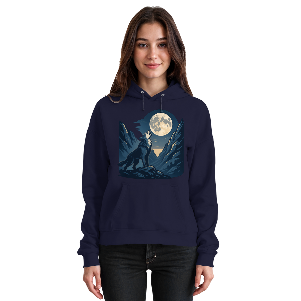 Front view of Arvenzo Silver Howl unisex hoodie in navy blue with a simple design and a comfortable fit.