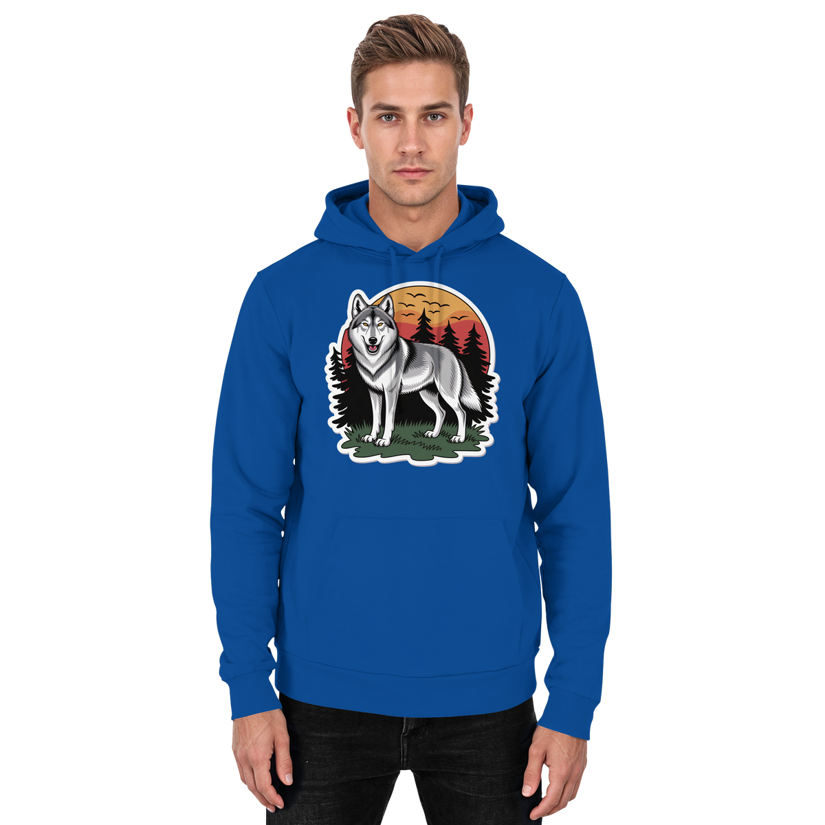 Arvenzo Lone Dusk unisex hoodie in royal blue, front view showcasing a simple, comfortable hoodie design.