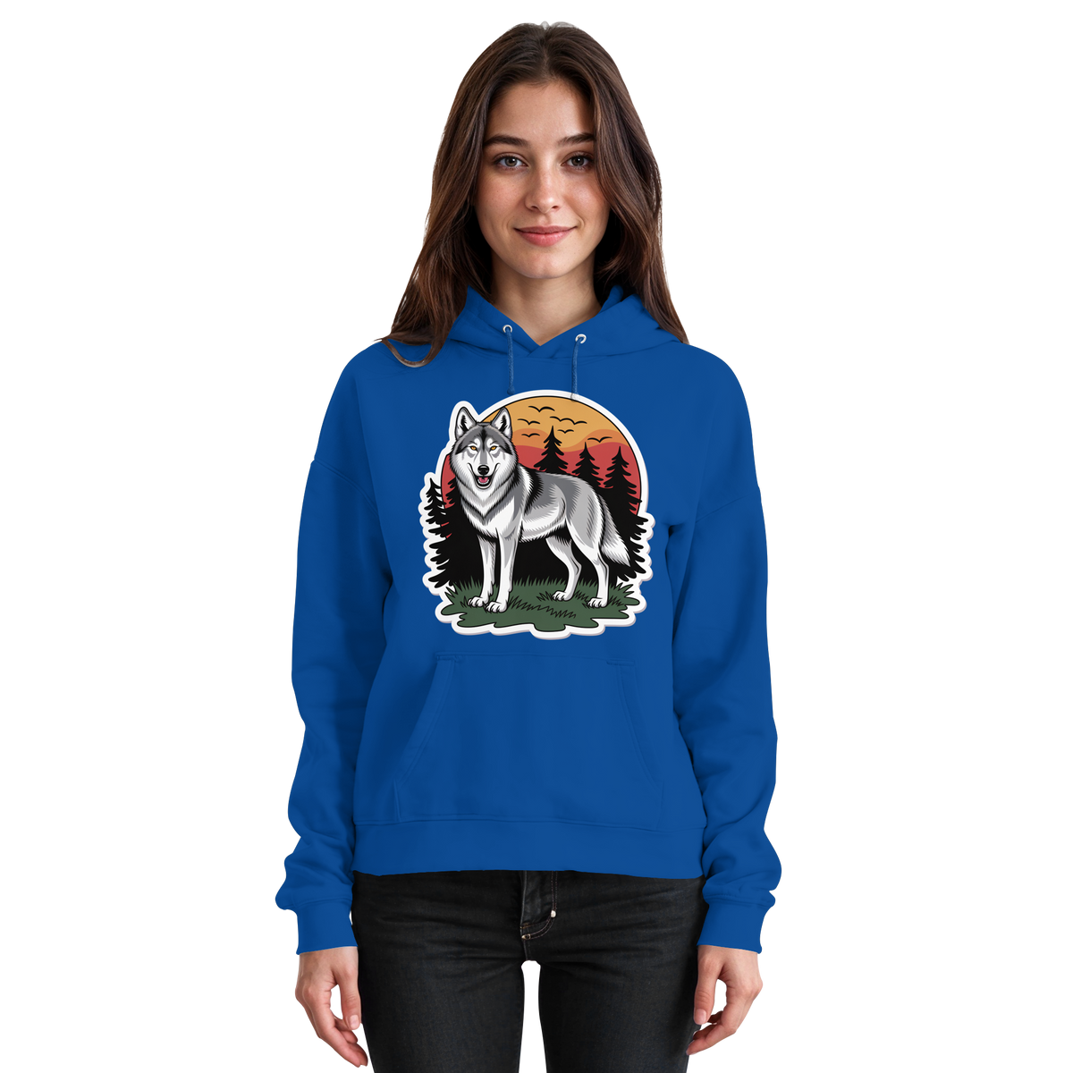 Front view of Arvenzo Lone Dusk unisex royal blue hoodie with a simple design and drawstring hood.