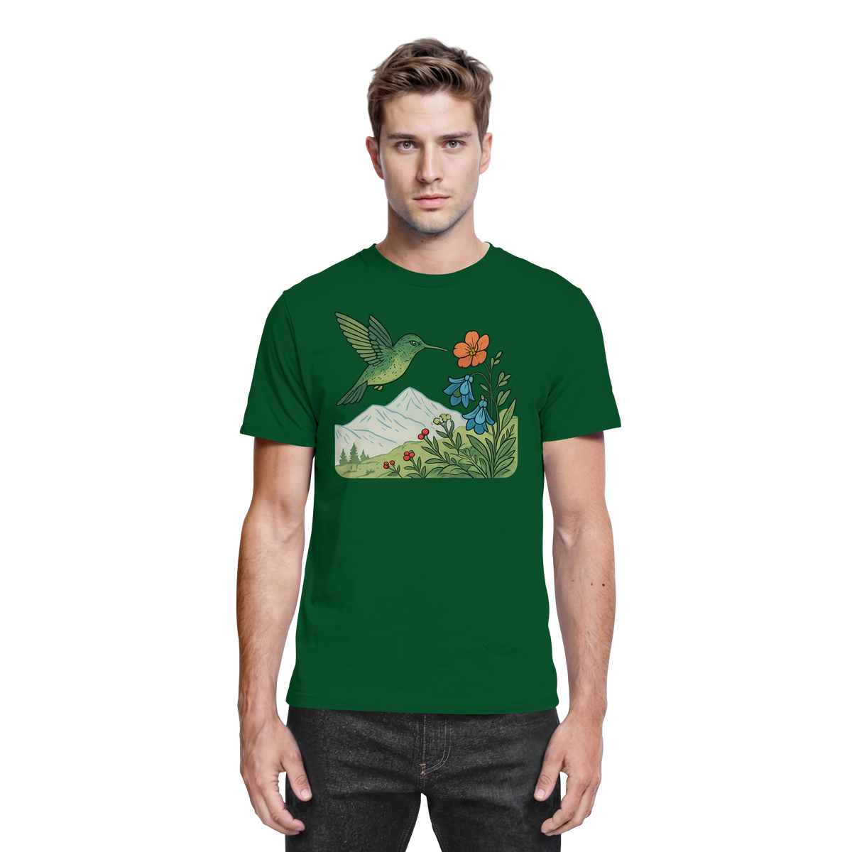 Front view of Arvenzo Bloom Wing unisex shirt in bottle green, showcasing a stylish, premium design on soft fabric.