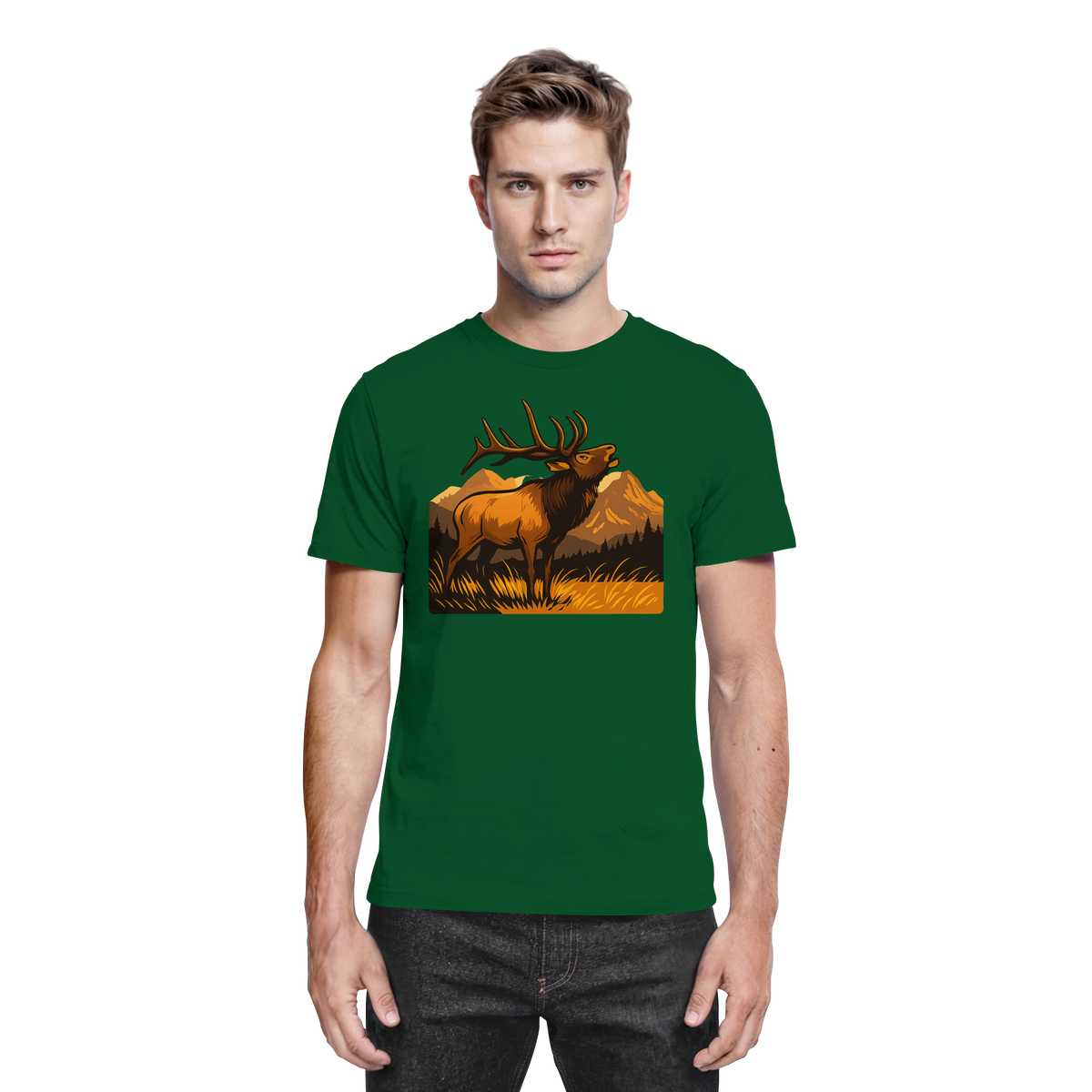Front view of Arvenzo Elk Meadow unisex shirt in bottle green with a natural Elk Meadow design.