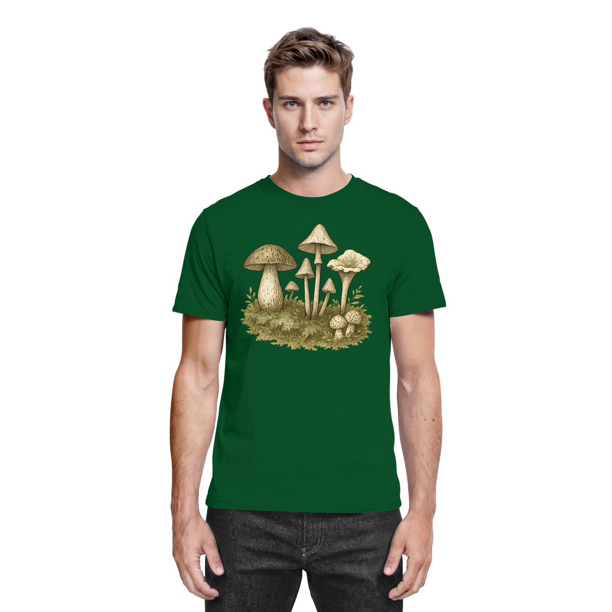 Arvenzo Forest Floor unisex shirt in bottle green with a nature-inspired forest design on the front.