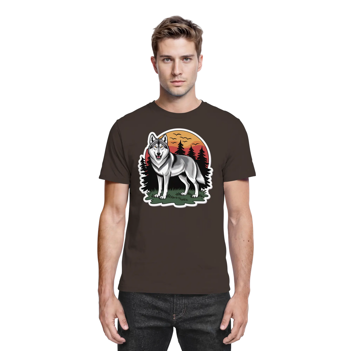 Front view of Arvenzo Lone Dusk unisex brown shirt with a classic fit and smooth fabric, showcasing its stylish design.