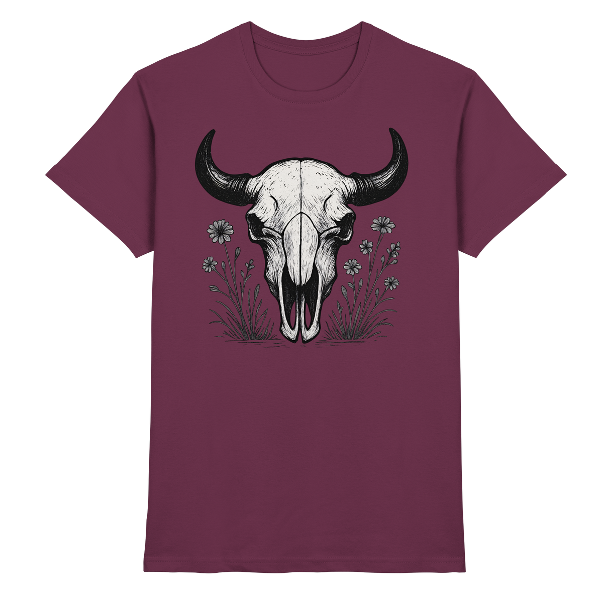 Unisex Burgundy Bison Skull Shirt by Arvenzo, front view showcasing the detailed bison skull graphic on a premium fabric.