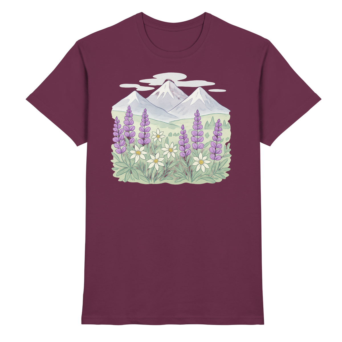 Arvenzo Alpine Bloom unisex shirt in burgundy, front view showcasing floral design and high-quality fabric.