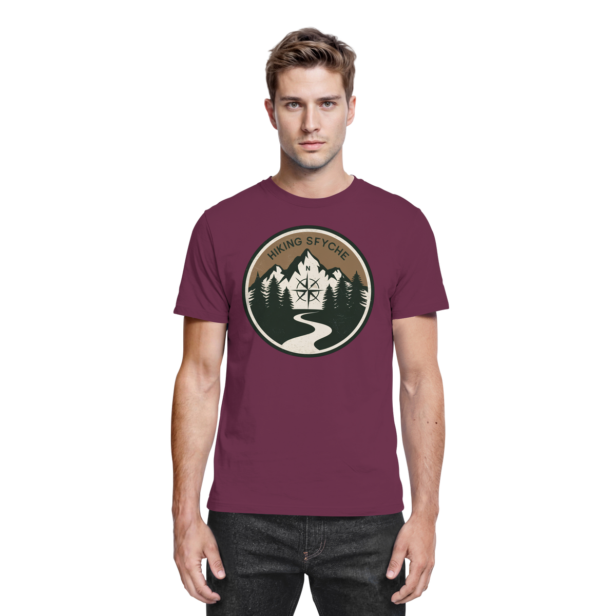 Front view of Arvenzo Trail Crest unisex shirt in burgundy, featuring a classic crew neck and clean design.