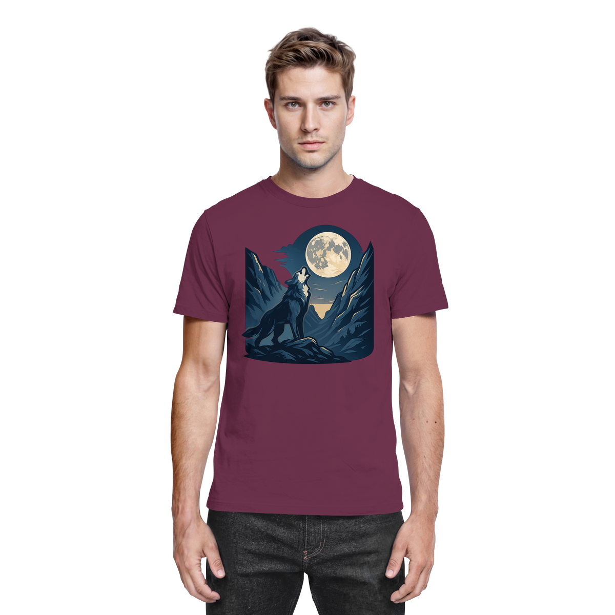 Front view of Arvenzo silver Howl unisex shirt in burgundy with a stylish graphic design and comfortable fit.
