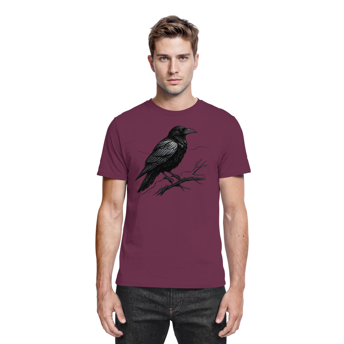 Front view of Arvenzo dark raven unisex shirt in burgundy fabric, showcasing a stylish and comfortable design.