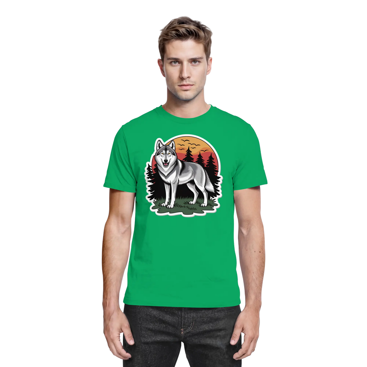 Front view of Arvenzo Lone Dusk unisex shirt in Kelly Green, showcasing its premium fabric and stylish design.