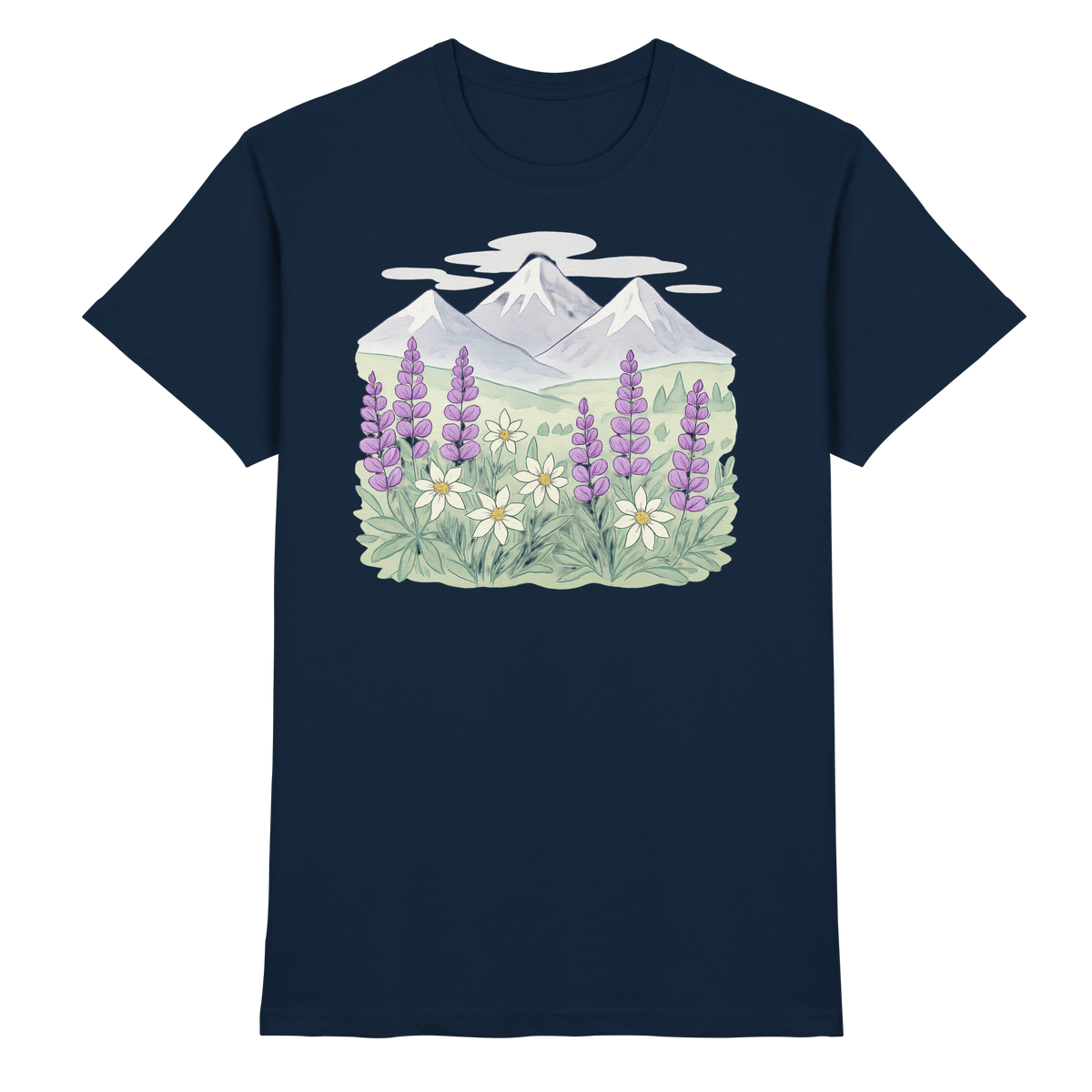 Unisex navy Alpine Bloom Arvenzo shirt with a floral front design, made from premium fabric, casual and stylish for everyday wear.