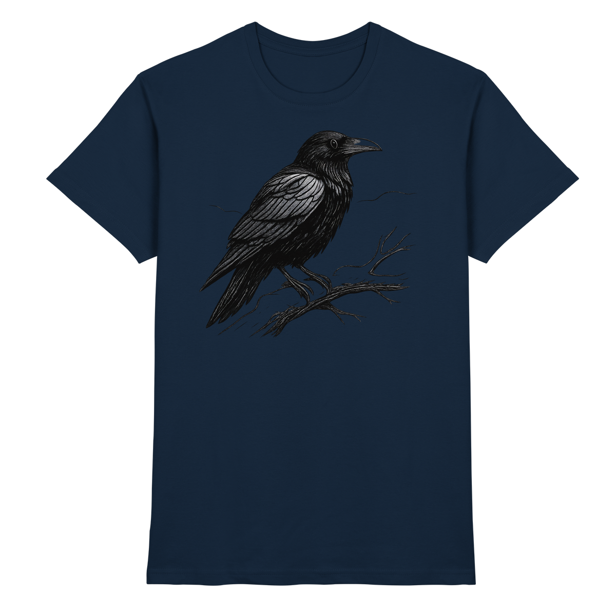 Unisex Dark Raven Shirt by Arvenzo, navy premium shirt shown from the front with a clear view of the design and fit.