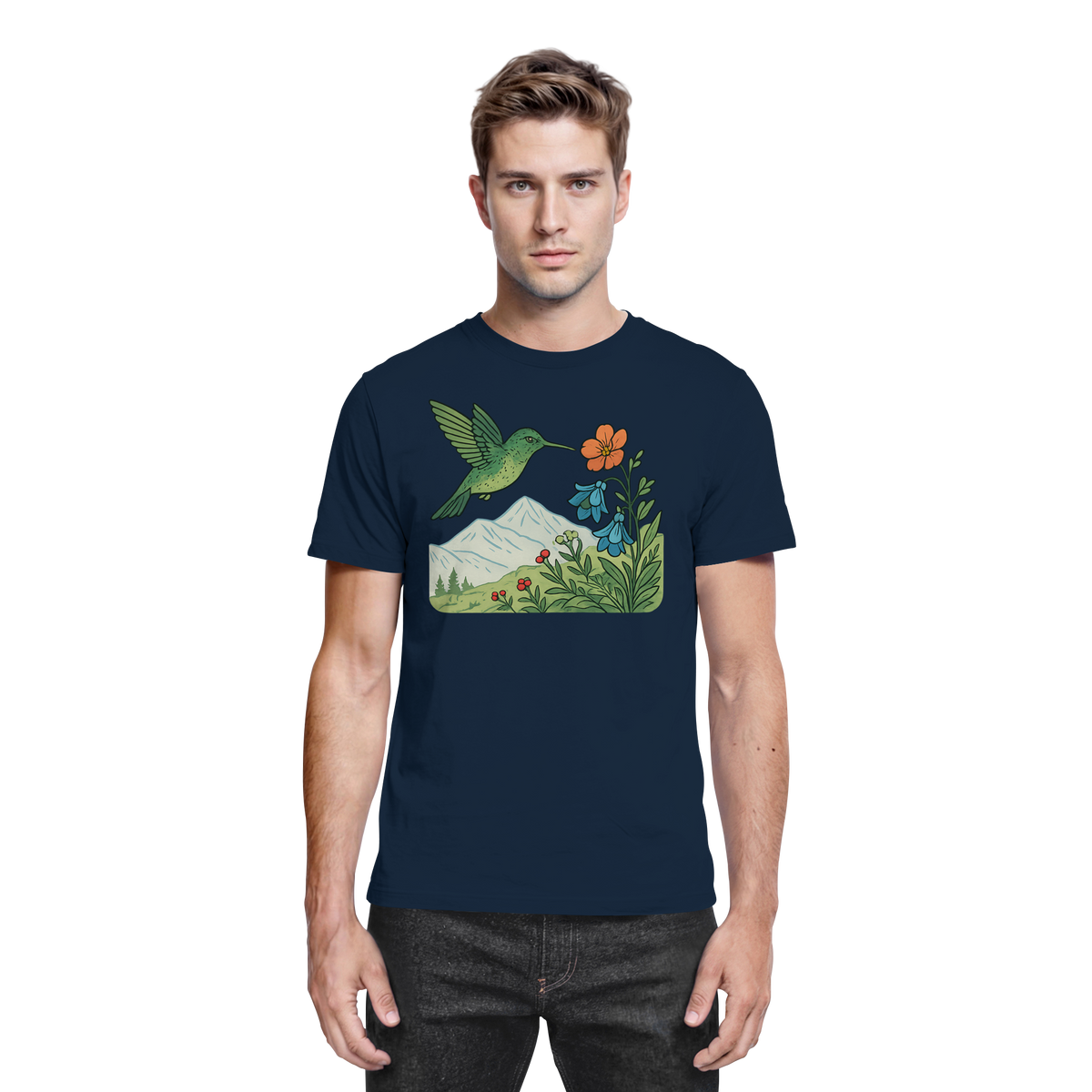 Front view of Arvenzo Bloom Wing unisex navy shirt with a classic fit and smooth fabric.