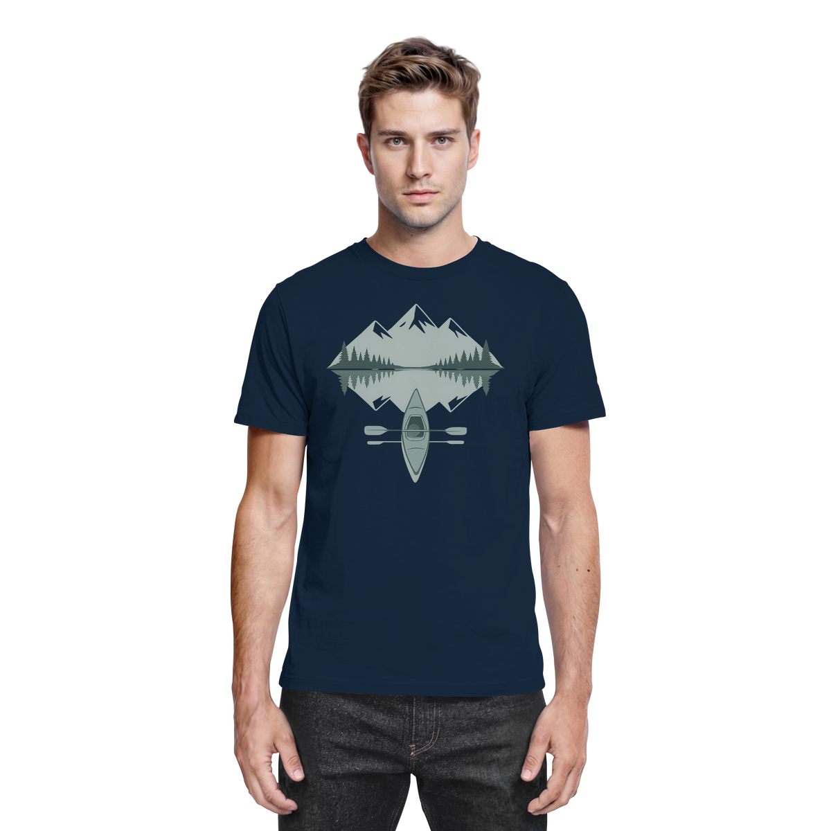 Front view of navy Arvenzo Mirror Lake unisex shirt featuring a relaxed fit and a scenic lake graphic design.