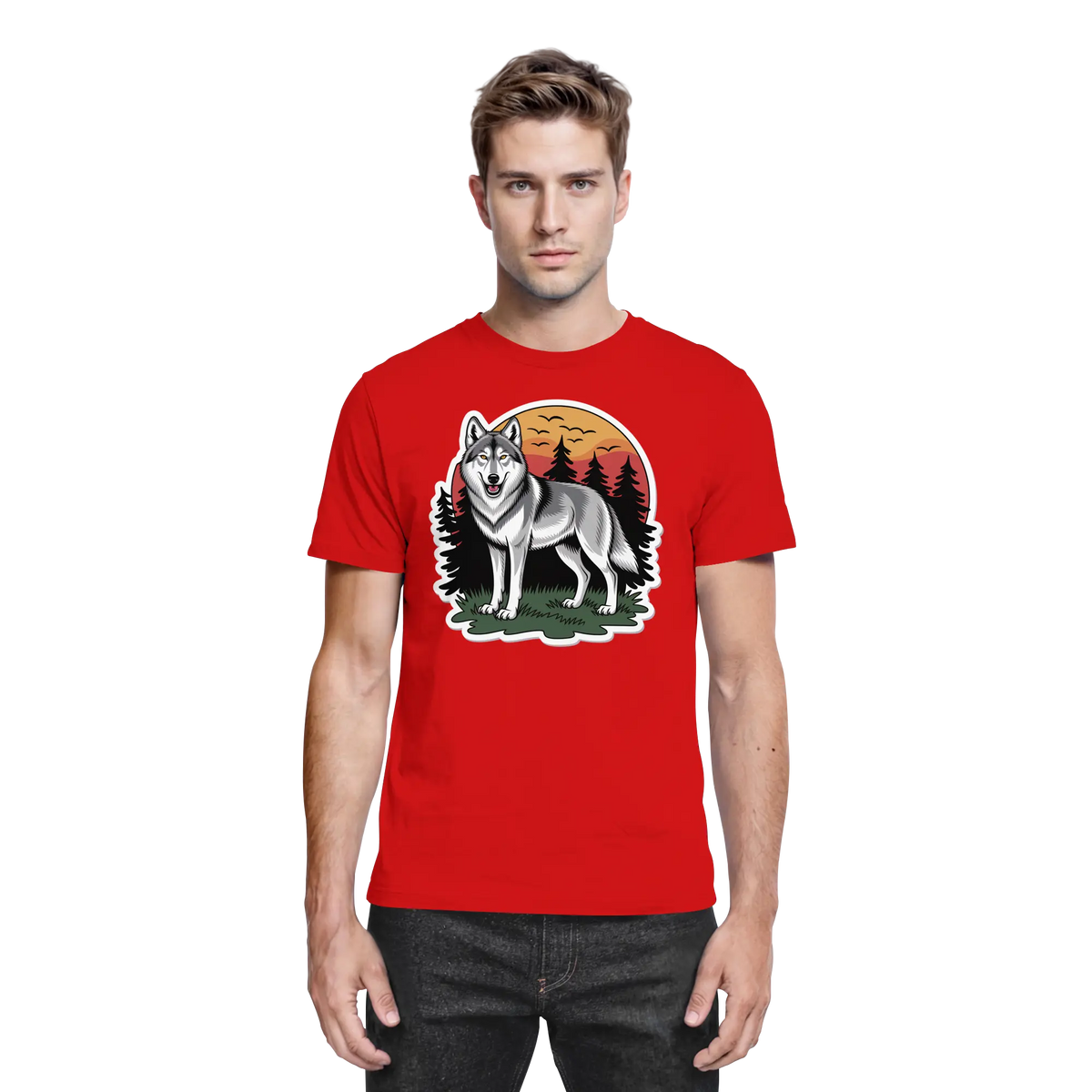 Front view of Arvenzo Lone Dusk unisex shirt in vibrant red, showcasing a premium design and comfortable fit.