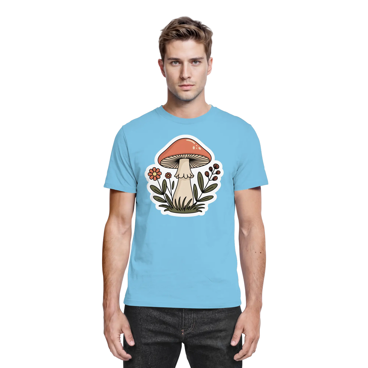 Front view of a sky-blue unisex Still Roots shirt by Arvenzo, showcasing a casual fit and soft fabric.