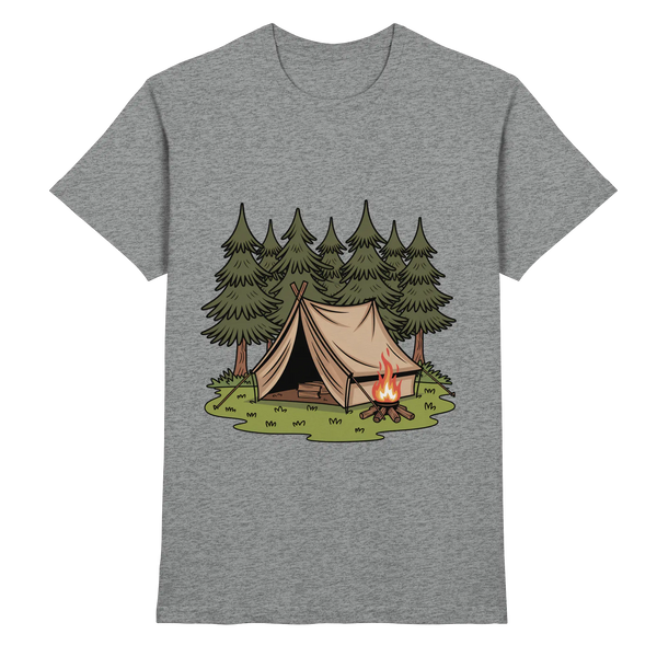 Rustic Retreat t-shirt in Sports Grey with a tent, campfire and pine forest – Arvenzo