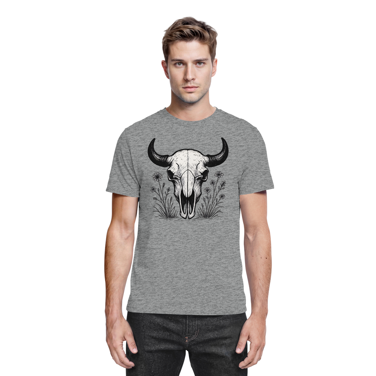 Unisex Arvenzo Bison Skull Shirt in sports grey meliert with front graphic design.