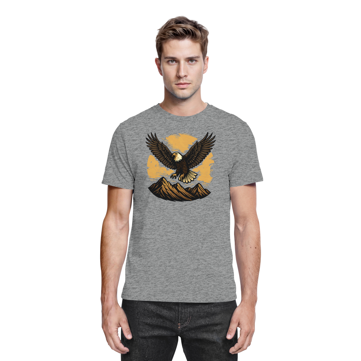 Unisex Iron Wing Shirt by Arvenzo in sports grey meliert, front view showing the stylish graphic design and comfortable fit.