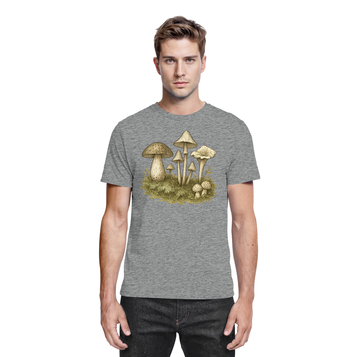 Arvenzo Forest Floor unisex shirt in sports grey meliert, front view showing nature-inspired forest design.