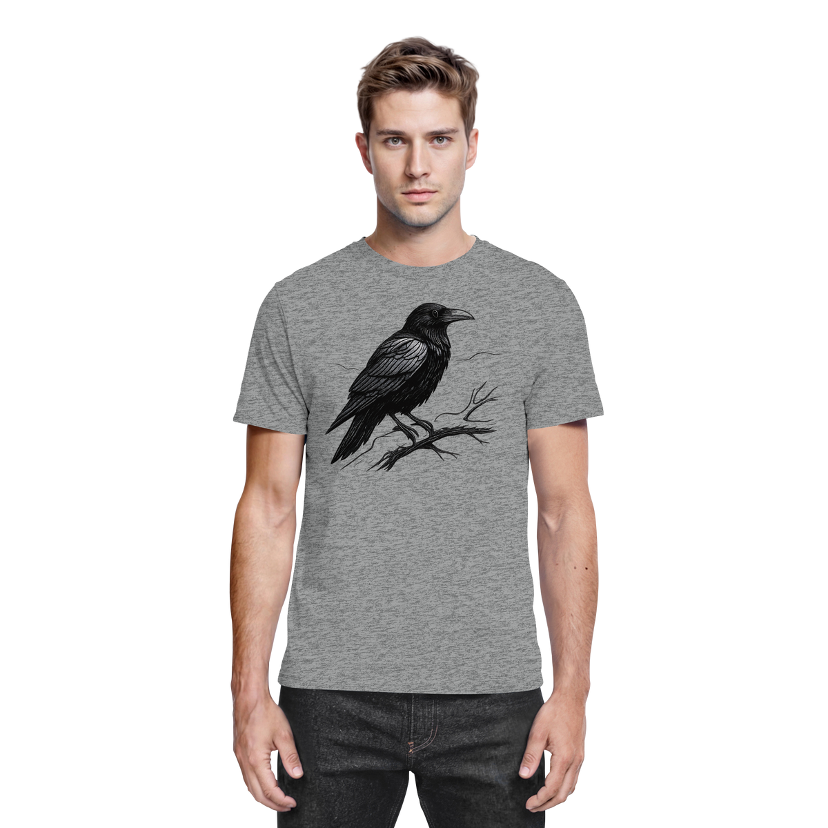 Unisex Dark Raven Shirt by Arvenzo in sports grey meliert, front view showing crew neck and stylish design.
