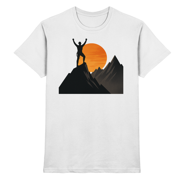 Bold Ascent t-shirt in White with a hiker on a mountain summit at sunset – Arvenzo