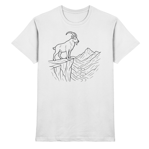 Cliff Edge t-shirt in White with a mountain goat on a cliff line-art – Arvenzo