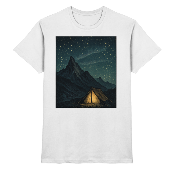 North Light t-shirt in White with a glowing tent under a starry mountain sky – Arvenzo