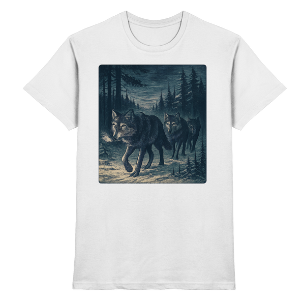 Pack North t-shirt in White with a wolf pack in a night forest – Arvenzo