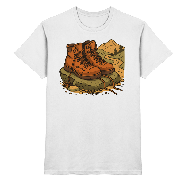 Trail Rest t-shirt in White with a pair of hiking boots on the trail – Arvenzo
