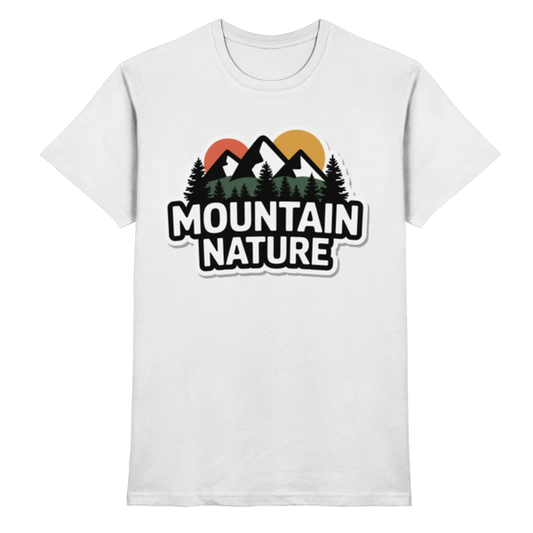 High Ridge t-shirt in White with a 'Mountain Nature' badge with peaks and sun – Arvenzo