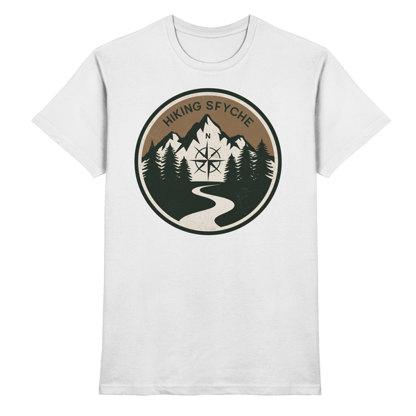 Trail Crest t-shirt in White with a vintage hiking badge with compass and mountains – Arvenzo