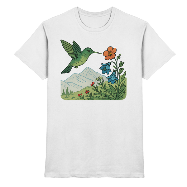 Bloom Wing t-shirt in White with a hummingbird and flowers – Arvenzo