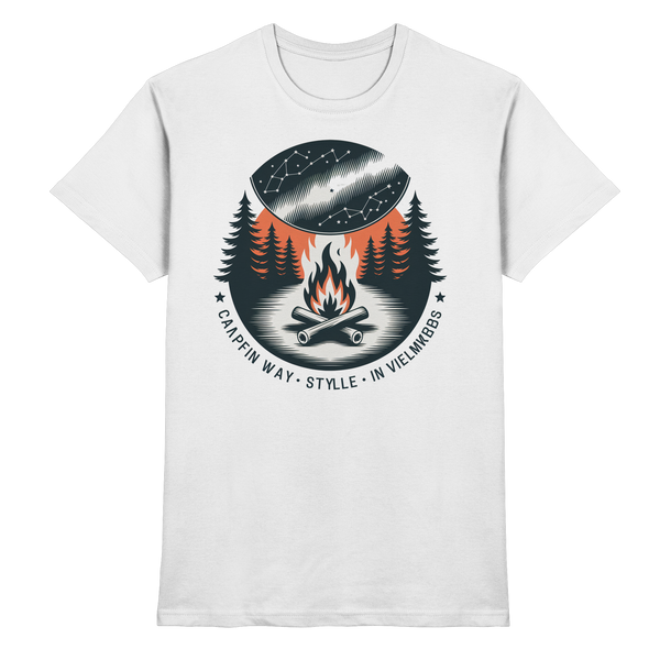 Star Map t-shirt in White with a campfire under a starry sky – Arvenzo