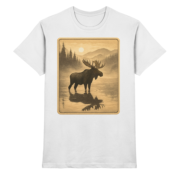 Calm Shore t-shirt in White with a moose in a lake at dusk – Arvenzo