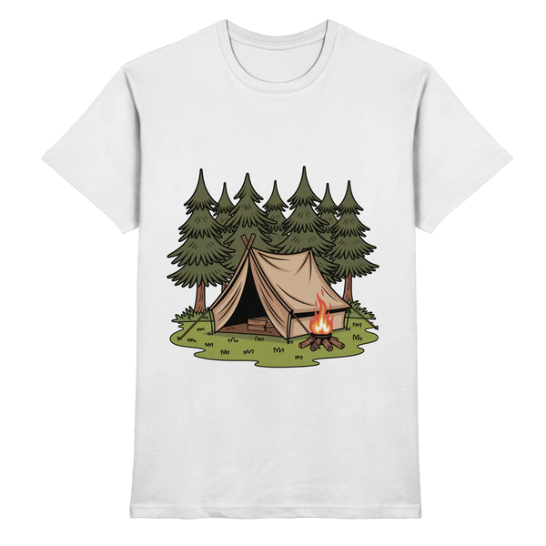 Rustic Retreat t-shirt in White with a tent, campfire and pine forest – Arvenzo