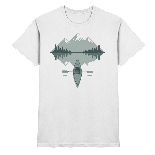 Mirror Lake t-shirt in White with a kayak on a mirrored mountain lake – Arvenzo