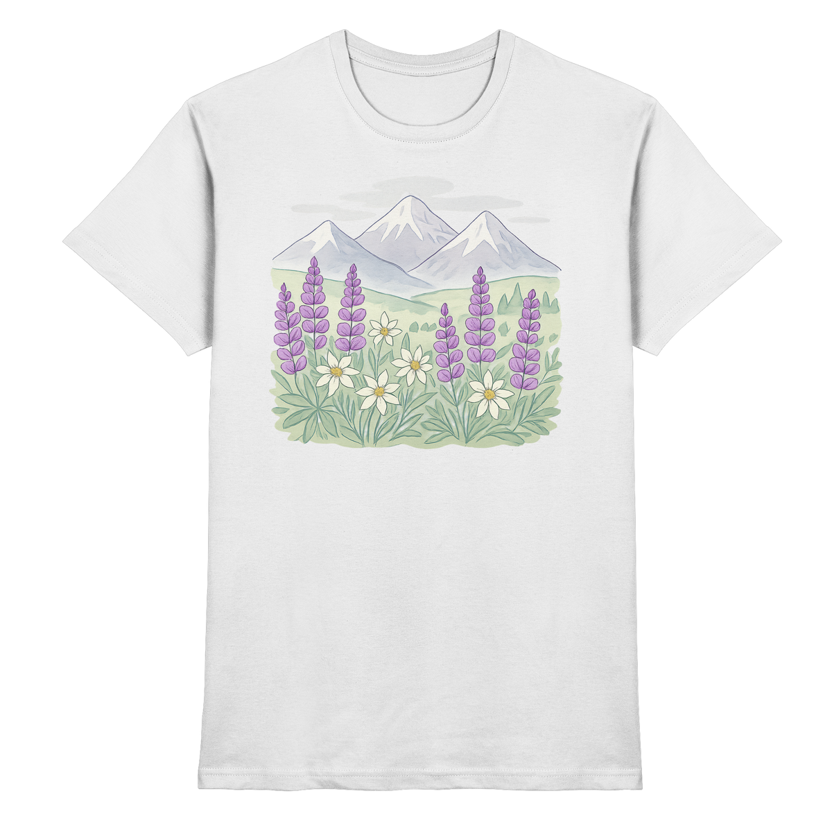 White Alpine Bloom unisex shirt by Arvenzo, featuring a front view with a stylish floral design on the chest.