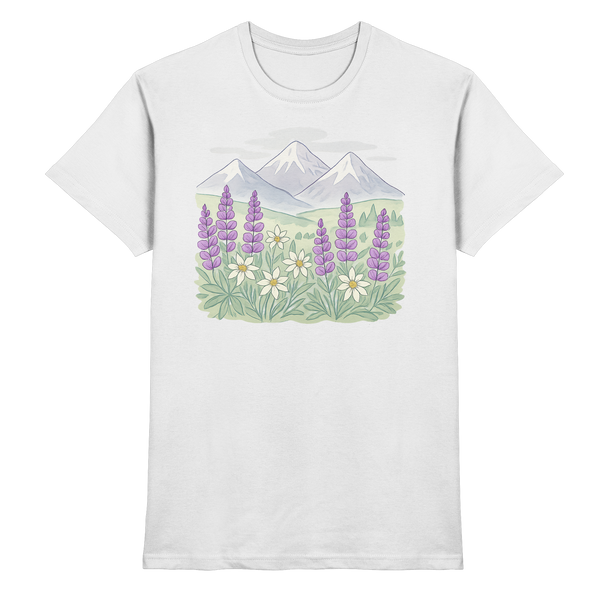 Alpine Bloom t-shirt in White with an alpine wildflower and mountain – Arvenzo