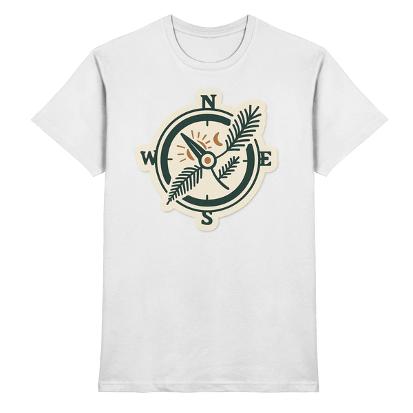 Trail Compass t-shirt in White with a vintage compass and fern leaf – Arvenzo