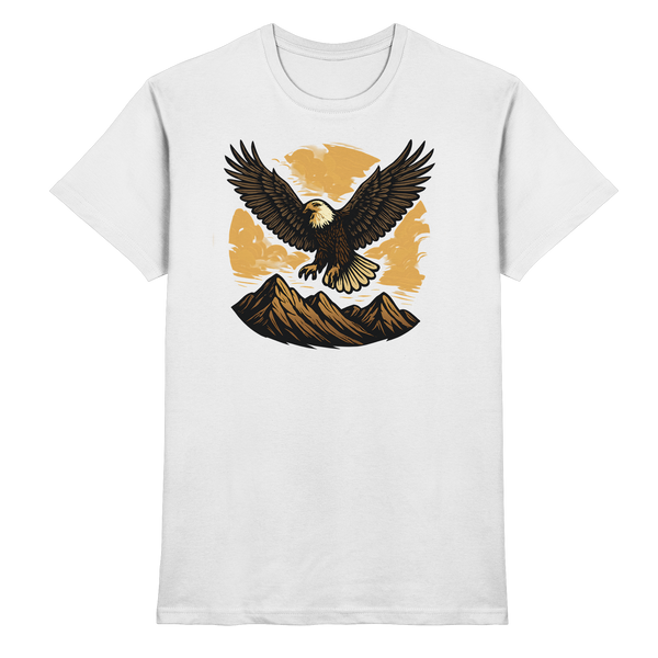 Iron Wing t-shirt in White with a soaring eagle over mountains – Arvenzo