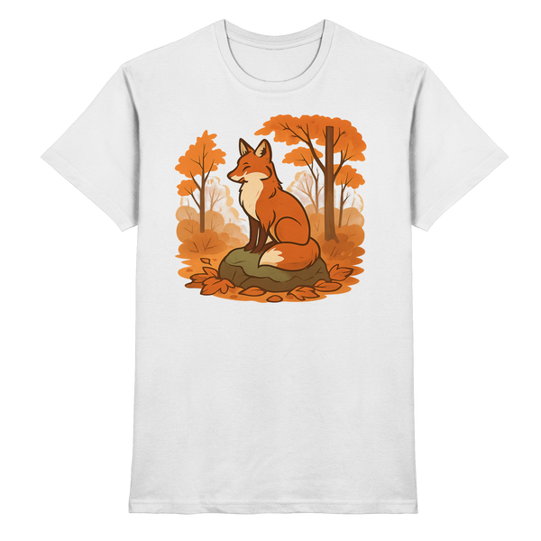 Ember Trail t-shirt in White with a fox in an autumn forest – Arvenzo