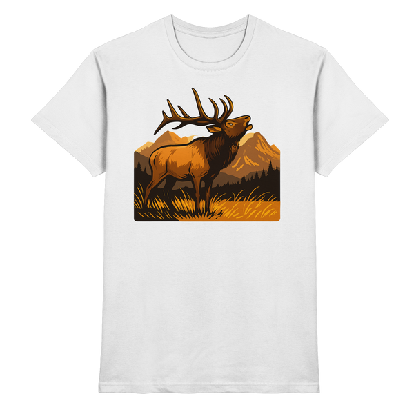 Elk Meadow t-shirt in White with a bull elk in a meadow – Arvenzo