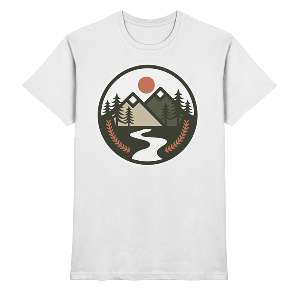 Open Ground t-shirt in White with a round mountain, sun and trail badge – Arvenzo