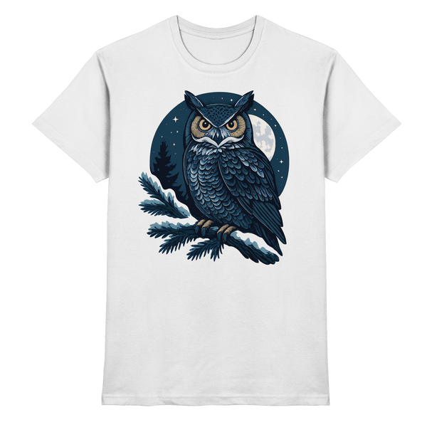 Night Watch t-shirt in White with a night owl on a pine branch – Arvenzo