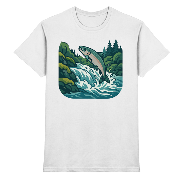 Silver Run t-shirt in White with a salmon leaping up a river – Arvenzo